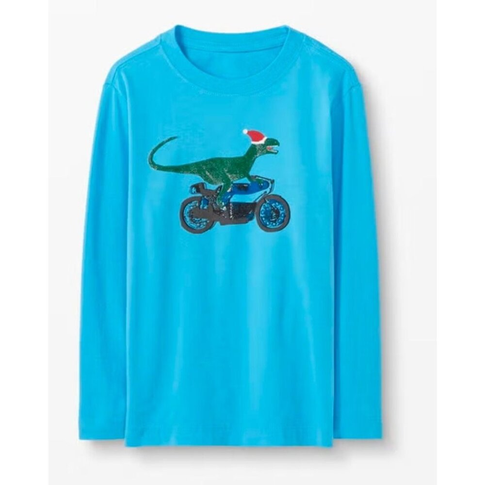 Hanna Andersson sz 140/ 10 long sleeve shirt Christmas hat dinosaur on bike blue